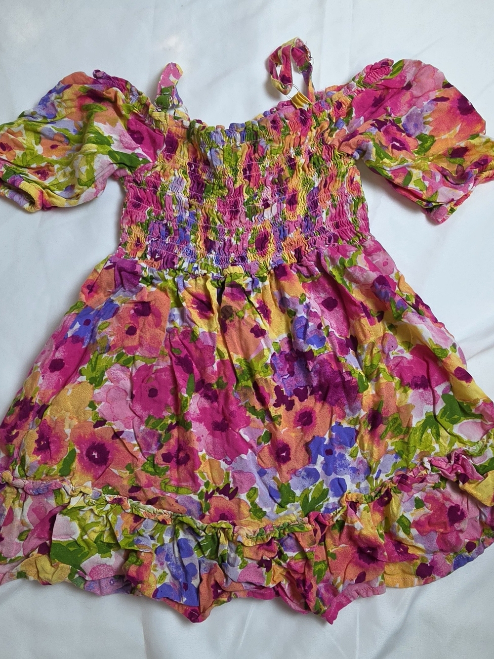 The Children's Place Pink Floral Smocked Casual Dress with Multicolor Blooms - Picture 3 of 7